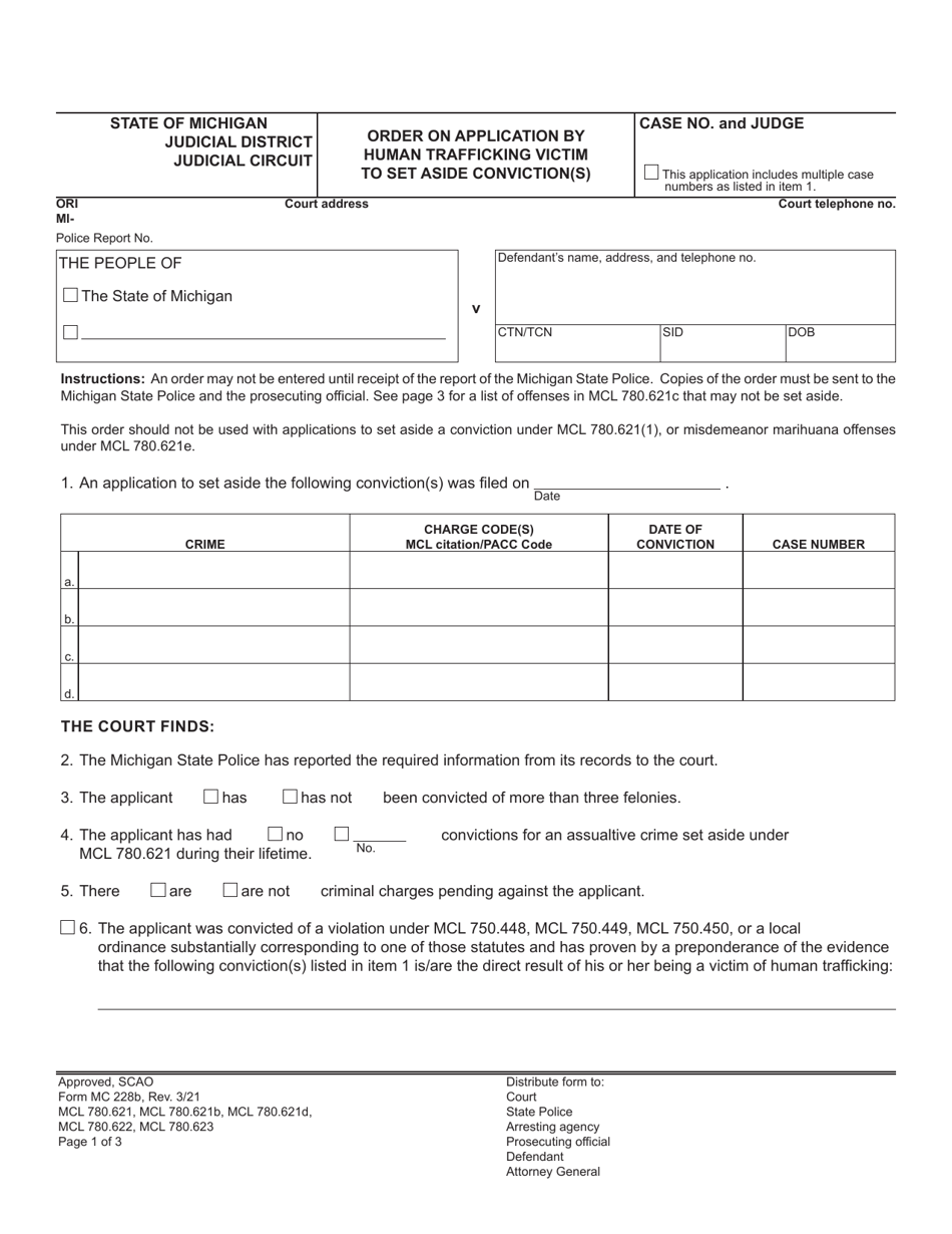 Form MC228B Order on Application by Human Trafficking Victim to Set Aside Conviction(S) - Michigan, Page 1