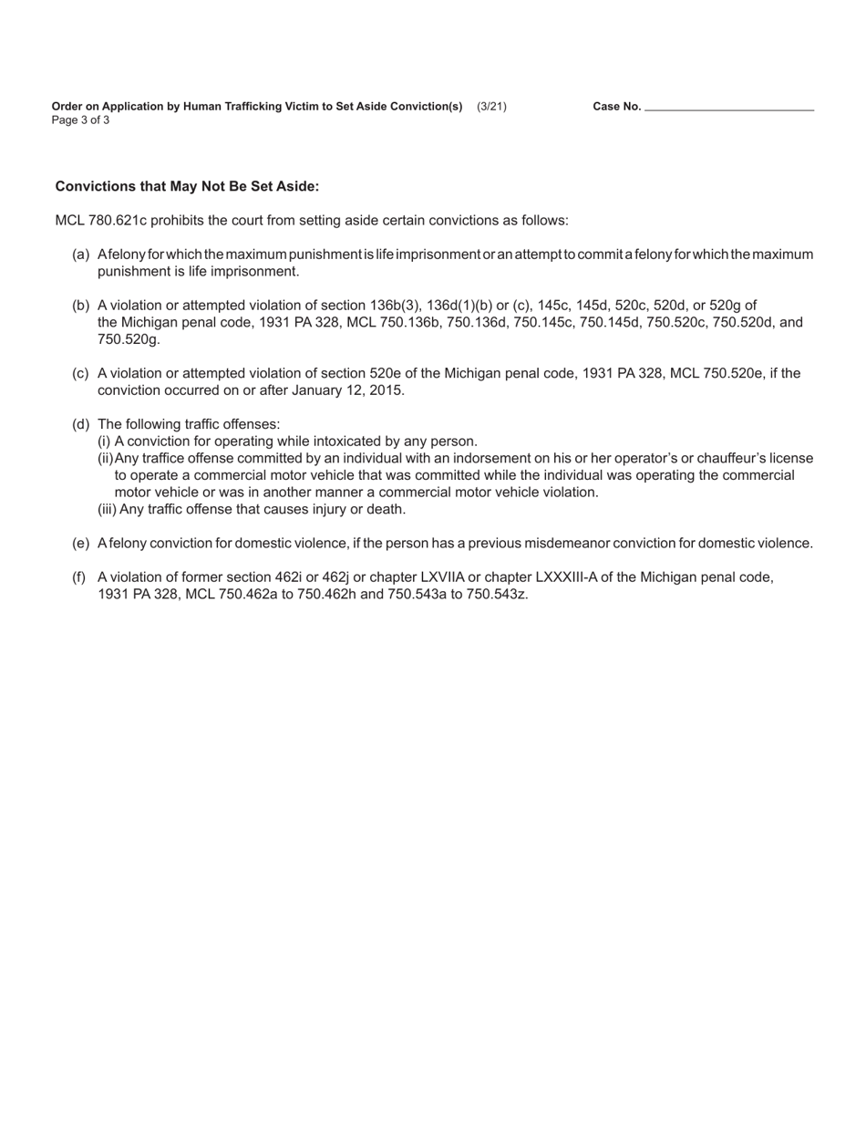Form MC228B Order on Application by Human Trafficking Victim to Set Aside Conviction(S) - Michigan, Page 3