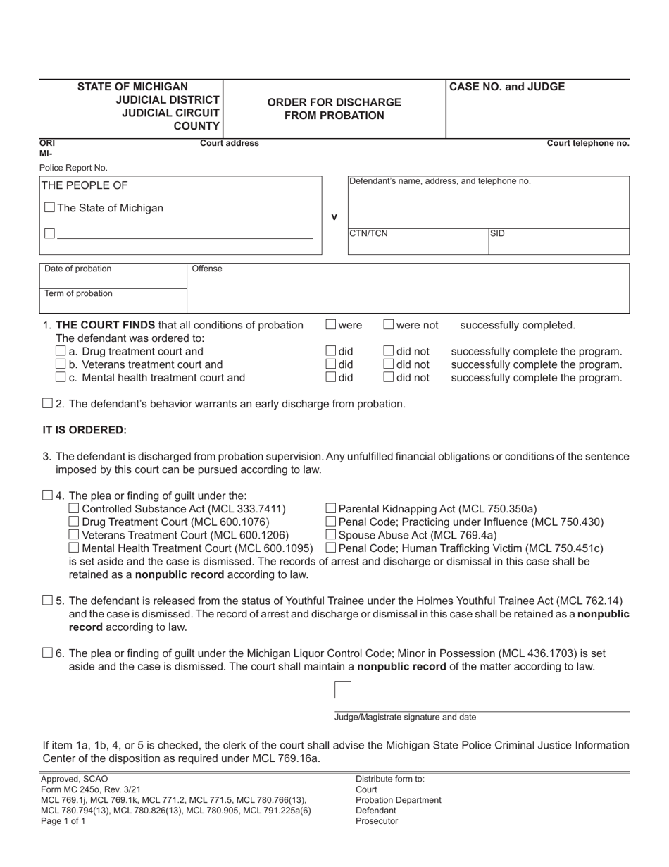 Form MC245O Order for Discharge From Probation - Michigan, Page 1