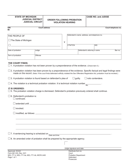 Form MC433 Order Following Probation Violation Hearing - Michigan