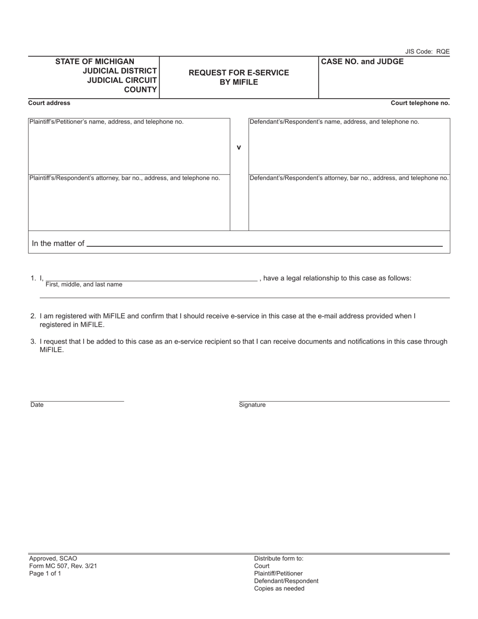 Form MC507 Request for E-Service by Mifile - Michigan, Page 1
