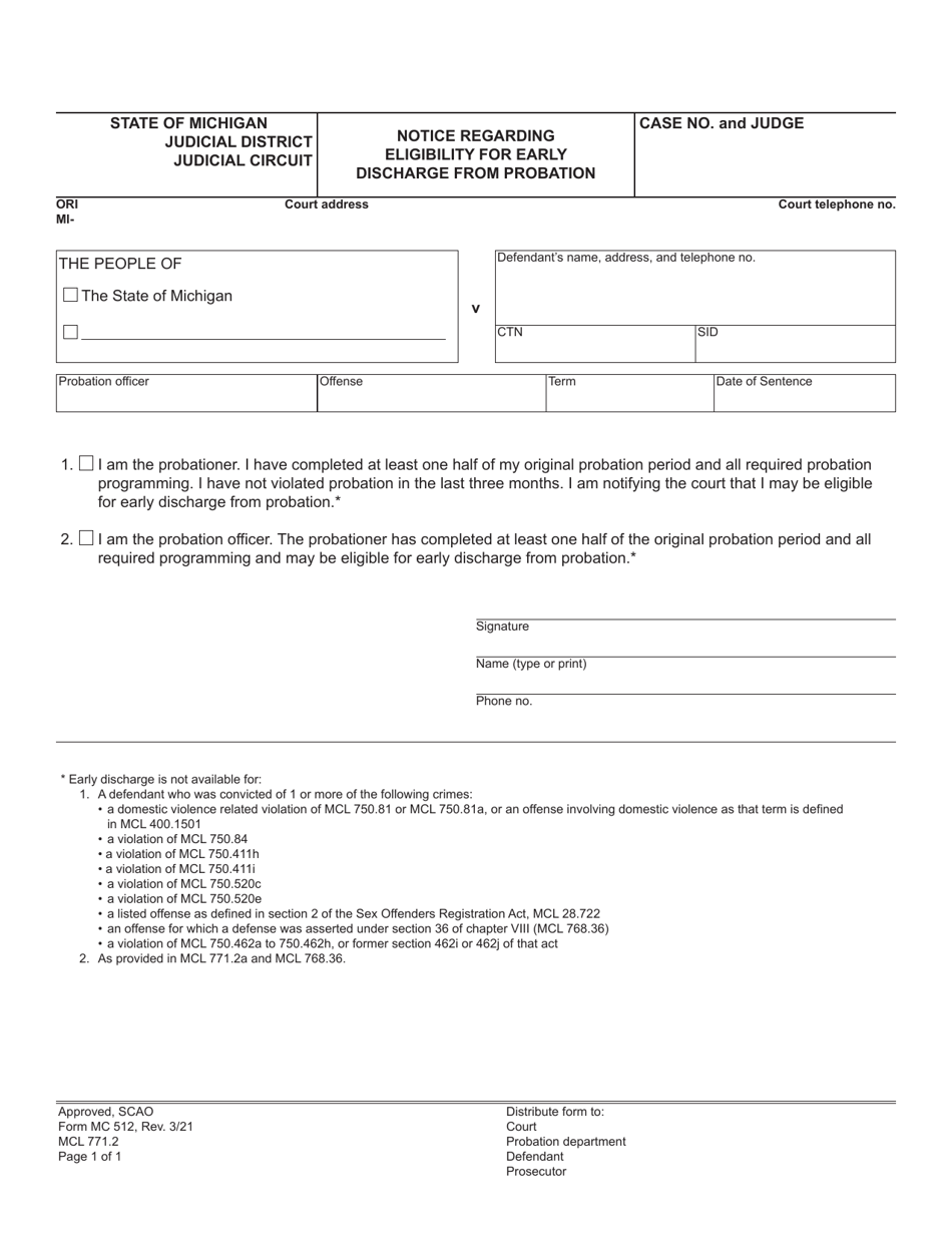 Form MC512 Notice Regarding Eligibility for Early Discharge From Probation - Michigan, Page 1