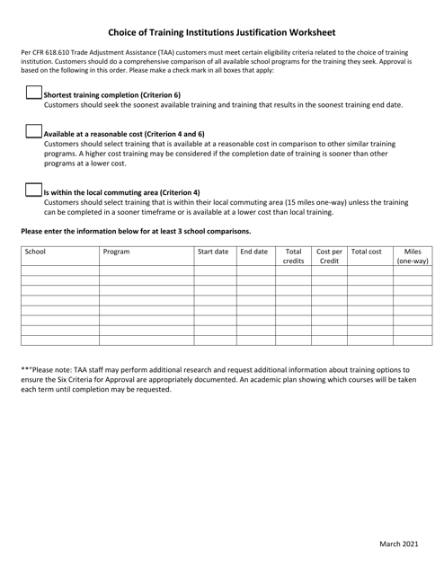 Choice of Training Institutions Justification Worksheet - Minnesota