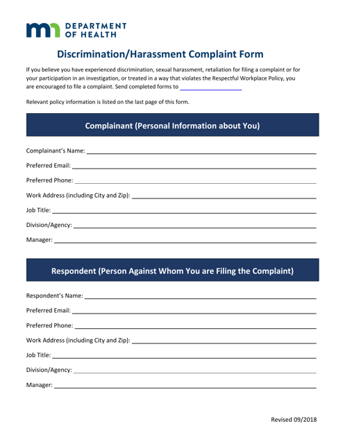 Discrimination / Harassment Complaint Form - Minnesota Download Pdf
