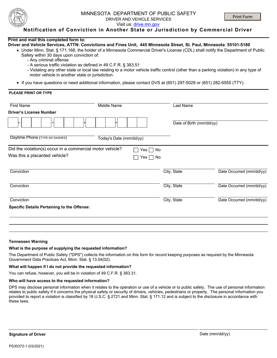 Form PS30372 Notification of Conviction in Another State or Jurisdiction by Commercial Driver - Minnesota, Page 1