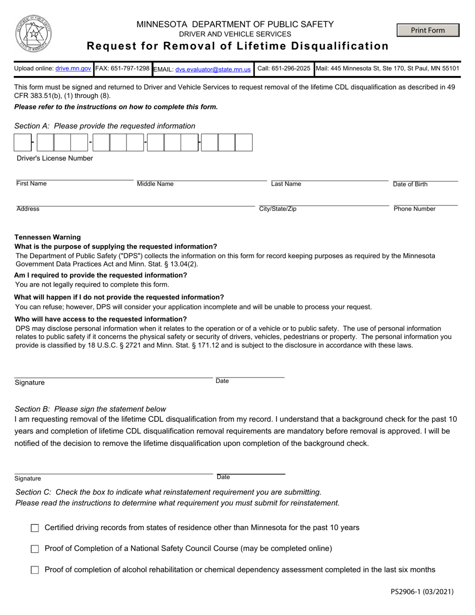 Form PS2906 Request for Removal of Lifetime Disqualification - Minnesota, Page 1