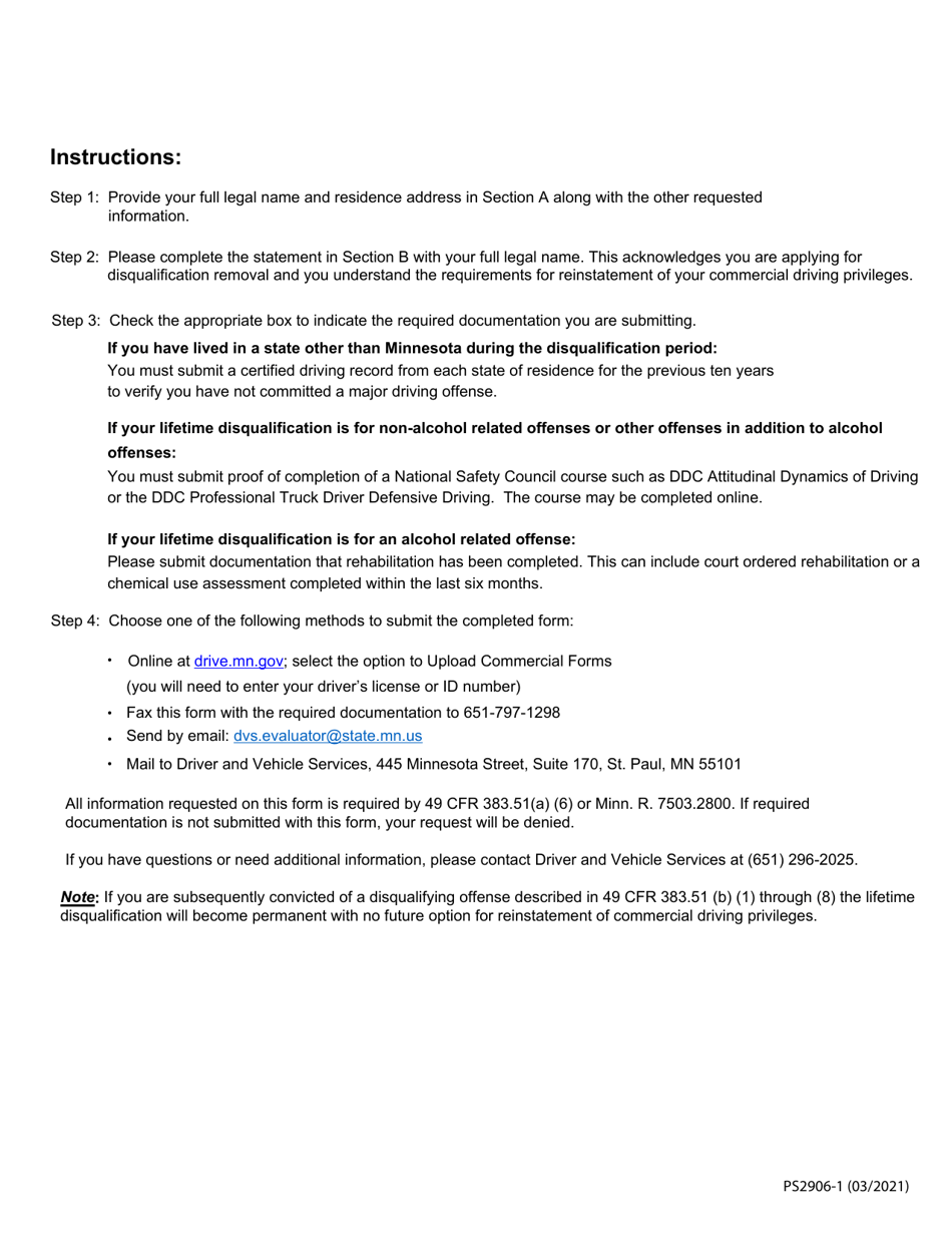 Form PS2906 Request for Removal of Lifetime Disqualification - Minnesota, Page 2