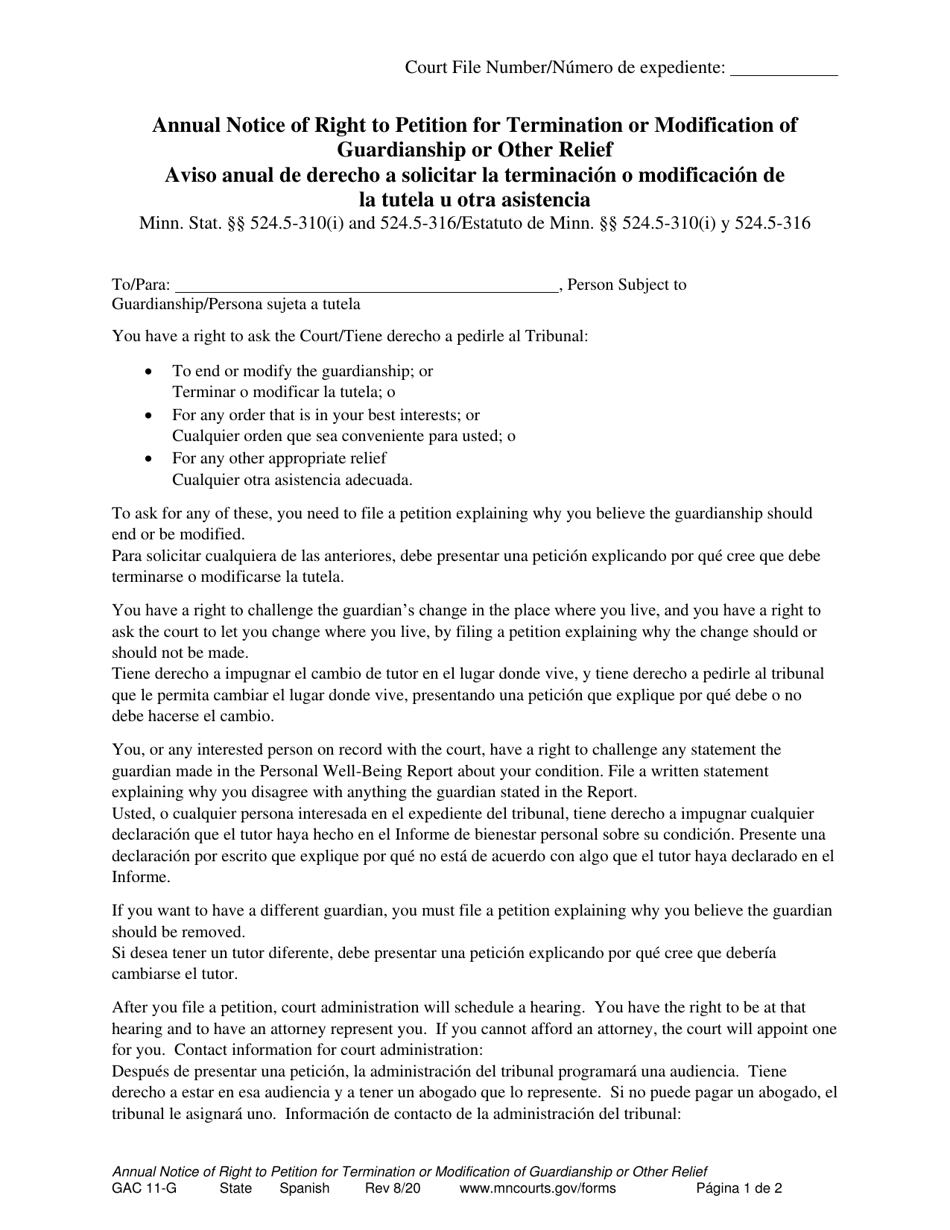 Form GAC11-G Annual Notice of Right to Petition for Termination or Modification of Guardianship or Other Relief - Minnesota (English / Spanish), Page 1