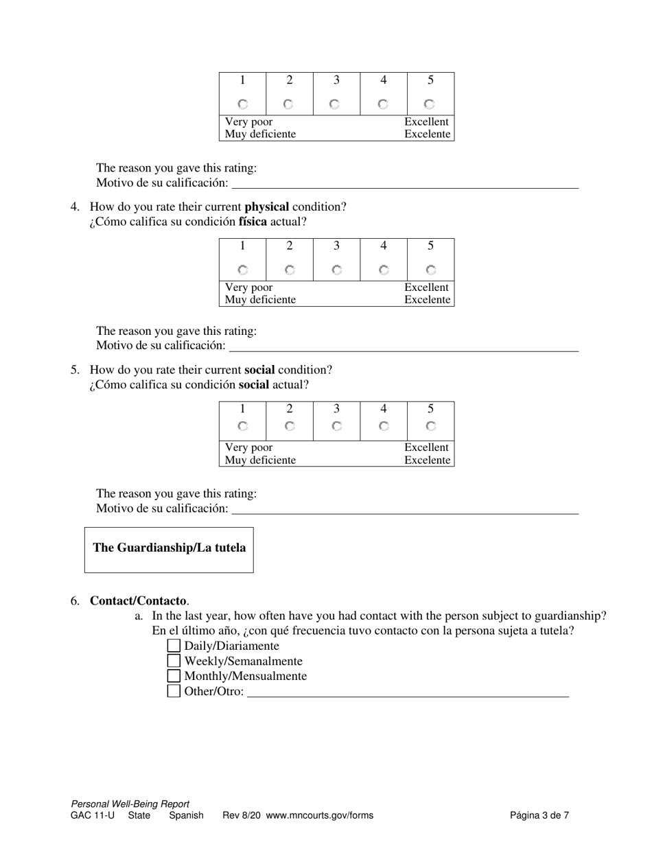 Form GAC11-U Personal Well-Being Report (Guardianship) - Minnesota (English / Spanish), Page 3