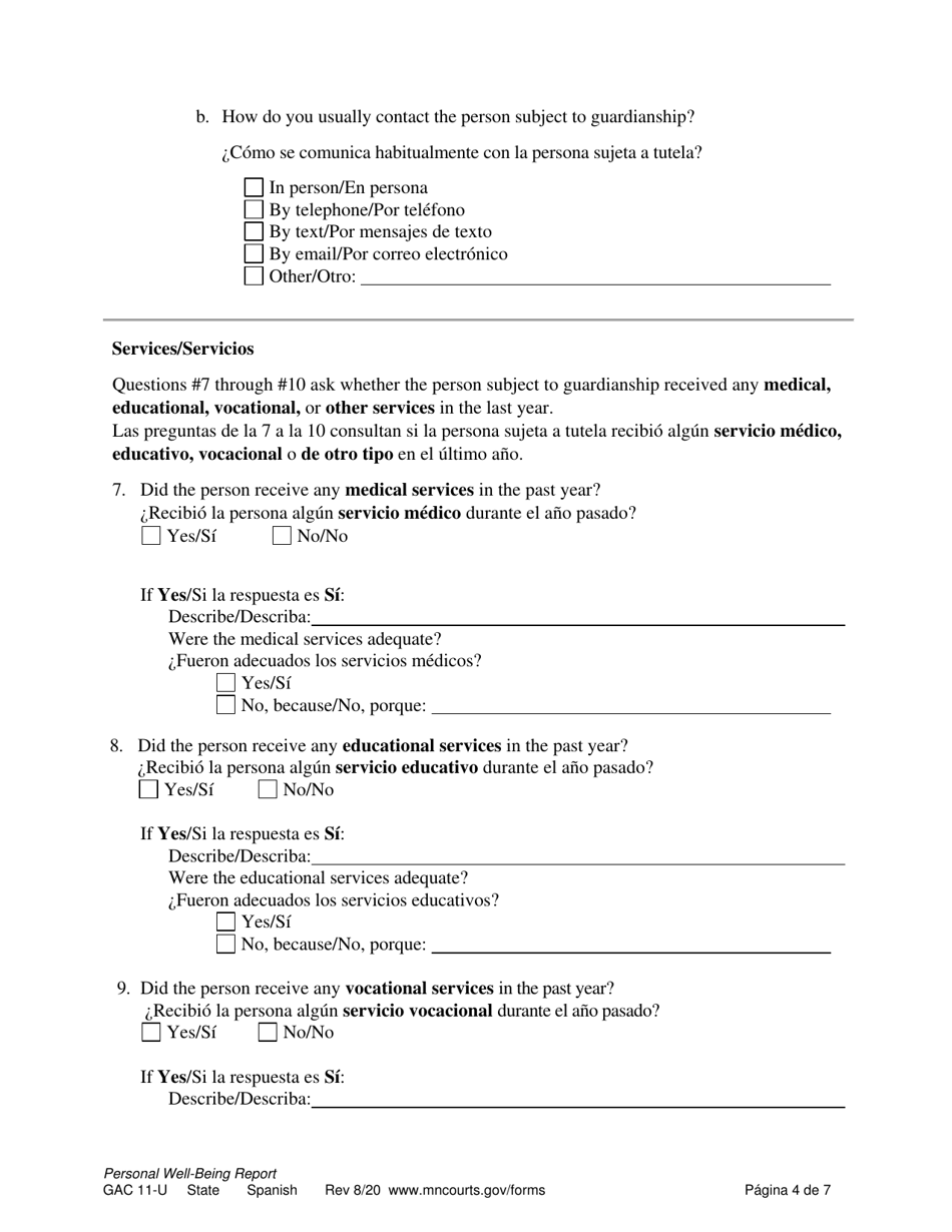 Form GAC11-U Personal Well-Being Report (Guardianship) - Minnesota (English / Spanish), Page 4