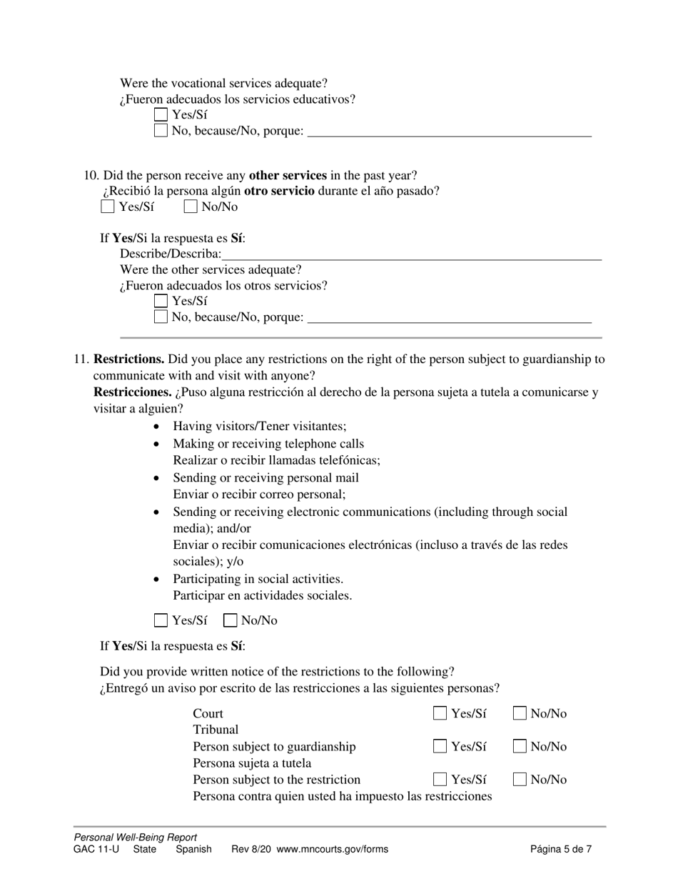 Form GAC11-U Personal Well-Being Report (Guardianship) - Minnesota (English / Spanish), Page 5