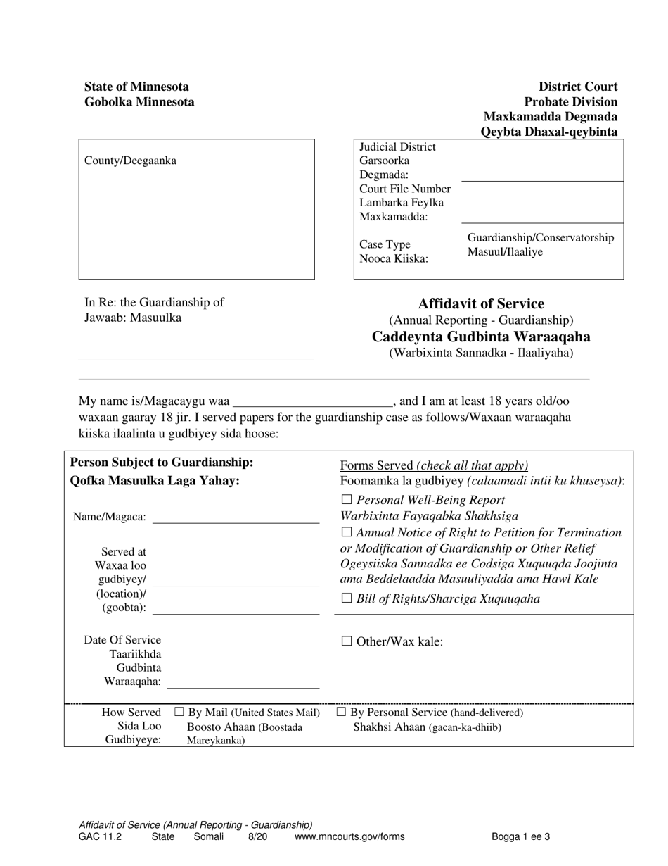 Form GAC11.2 Affidavit of Service (Annual Reporting - Guardianship) - Minnesota (English / Somali), Page 1