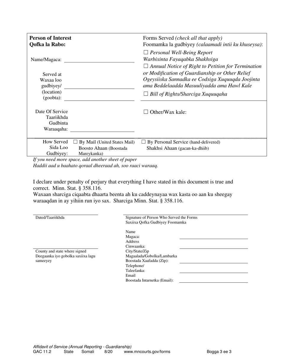 Form GAC11.2 Affidavit of Service (Annual Reporting - Guardianship) - Minnesota (English / Somali), Page 3