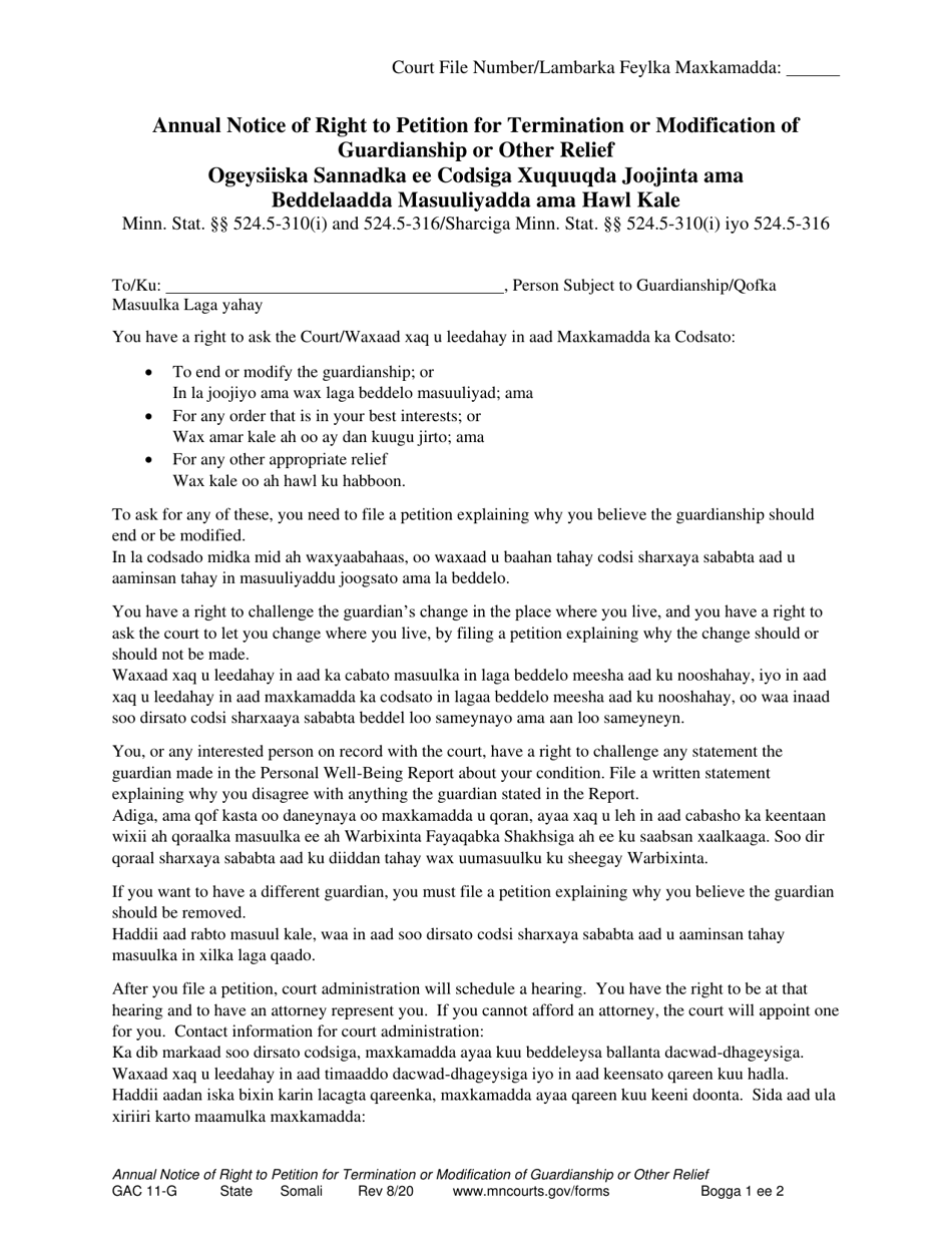 Form GAC11-G Annual Notice of Right to Petition for Termination or Modification of Guardianship or Other Relief - Minnesota (English / Somali), Page 1
