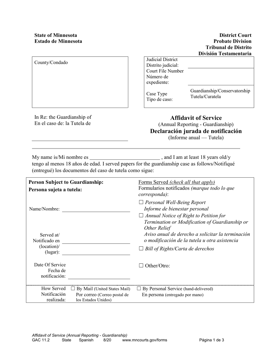 Form GAC11.2 Affidavit of Service (Annual Reporting - Guardianship) - Minnesota (English/Spanish), Page 1