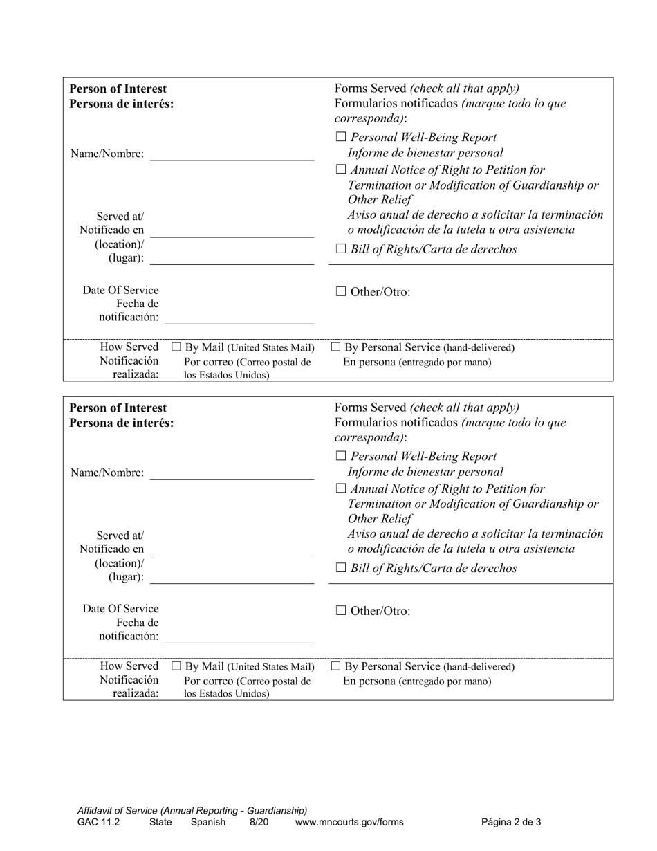 Form GAC11.2 Affidavit of Service (Annual Reporting - Guardianship) - Minnesota (English / Spanish), Page 2