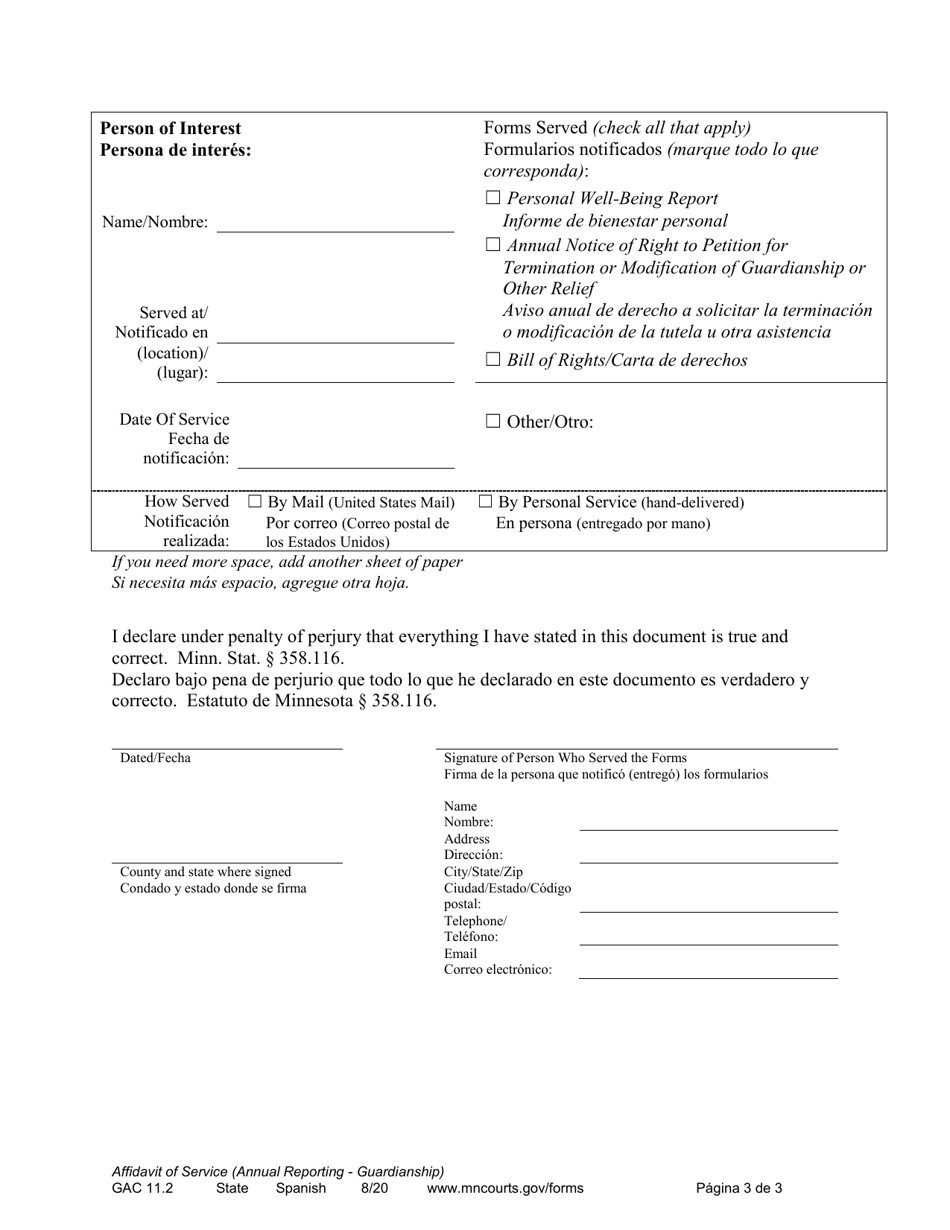 Form GAC11.2 Affidavit of Service (Annual Reporting - Guardianship) - Minnesota (English / Spanish), Page 3