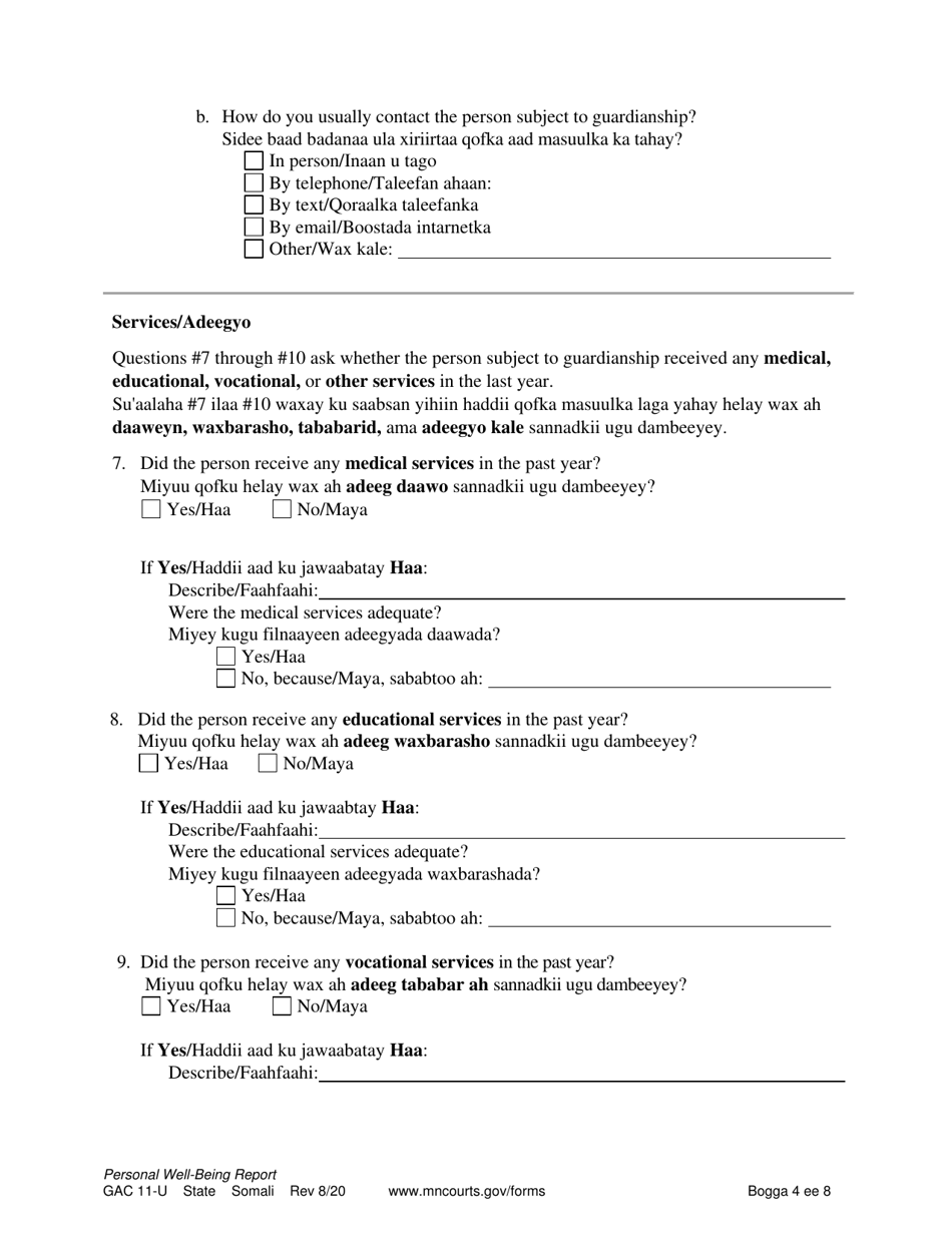 Form GAC11-U Personal Well-Being Report (Guardianship) - Minnesota (English / Somali), Page 4