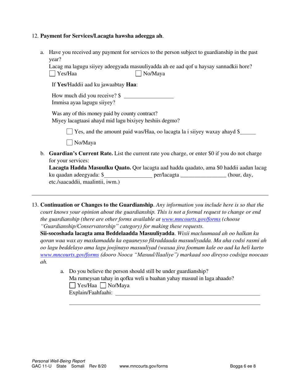 Form GAC11-U Personal Well-Being Report (Guardianship) - Minnesota (English / Somali), Page 6