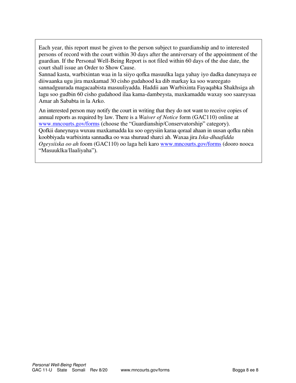 Form GAC11-U Personal Well-Being Report (Guardianship) - Minnesota (English / Somali), Page 8