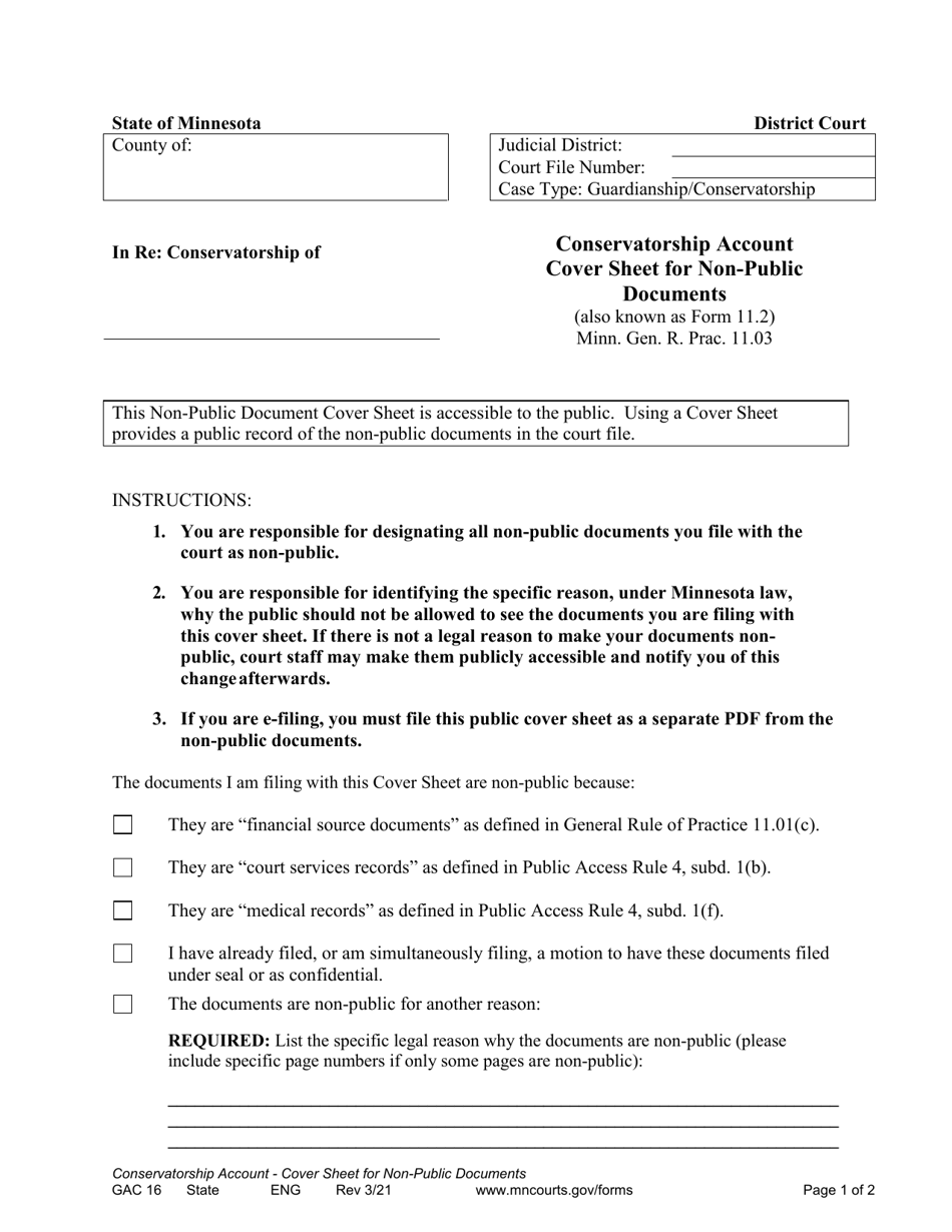 Form GAC16 Conservatorship Account Cover Sheet for Non-public Documents - Minnesota, Page 1