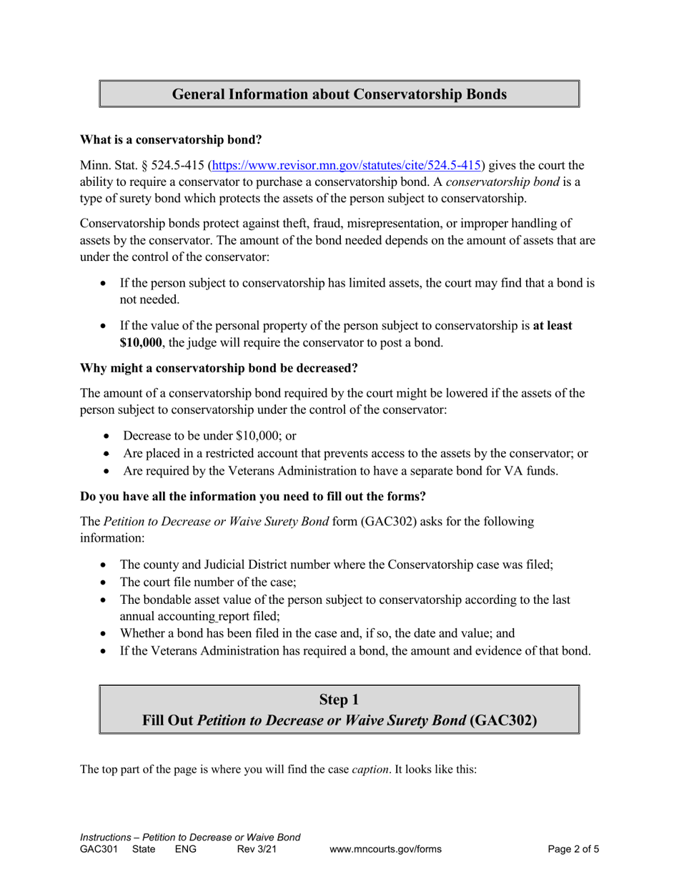 Instructions for Form GAC302 Petition to Decrease or Waive Surety Bond - Minnesota, Page 2