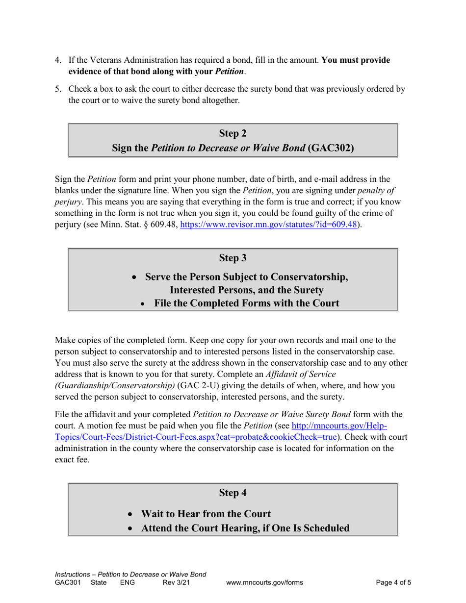 Instructions for Form GAC302 Petition to Decrease or Waive Surety Bond - Minnesota, Page 4