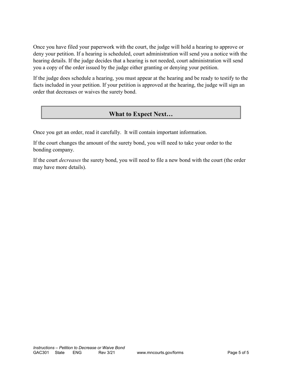 Instructions for Form GAC302 Petition to Decrease or Waive Surety Bond - Minnesota, Page 5