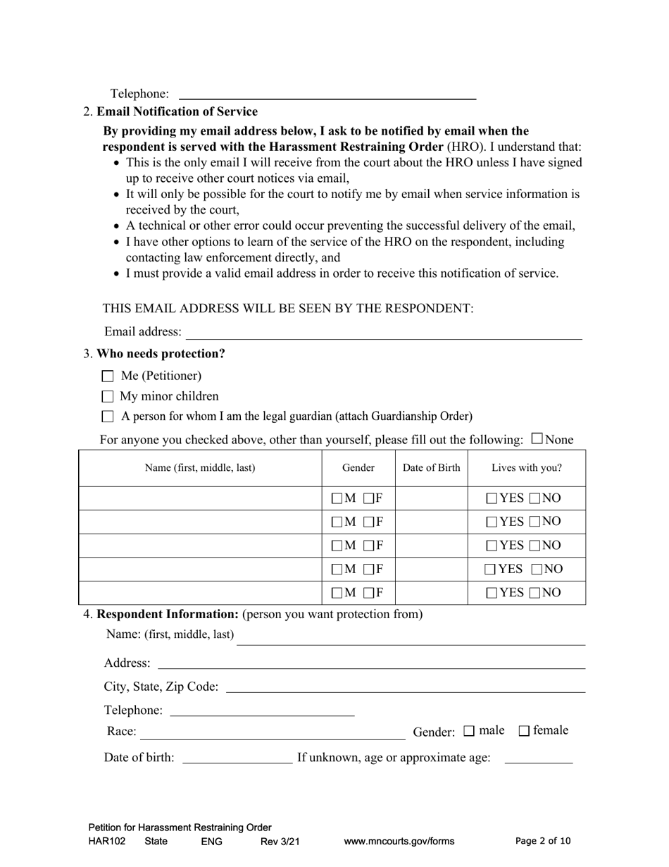 Form HAR102 Petition for Harassment Restraining Order - Minnesota, Page 2