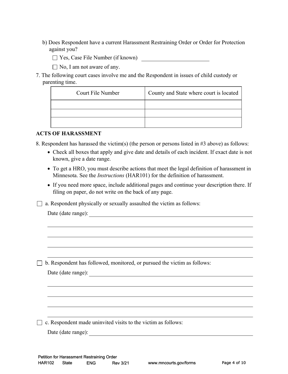 Form HAR102 Petition for Harassment Restraining Order - Minnesota, Page 4