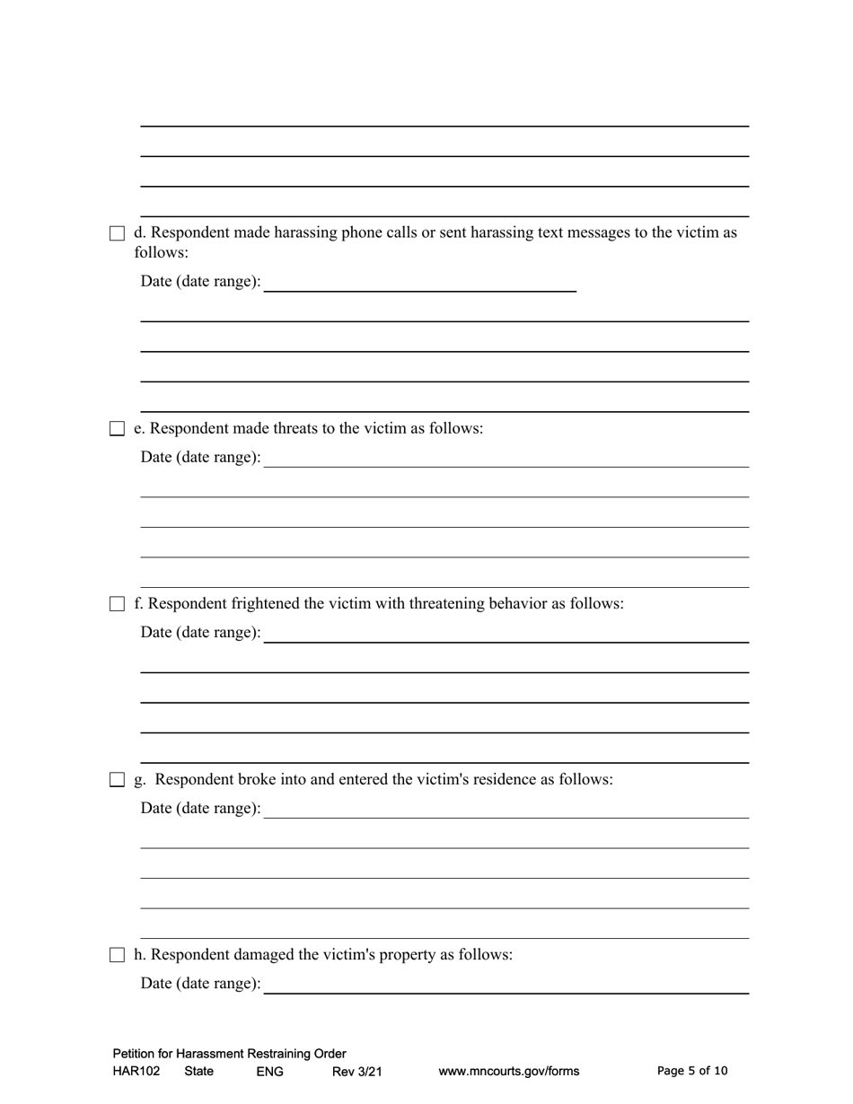Form HAR102 Petition for Harassment Restraining Order - Minnesota, Page 5