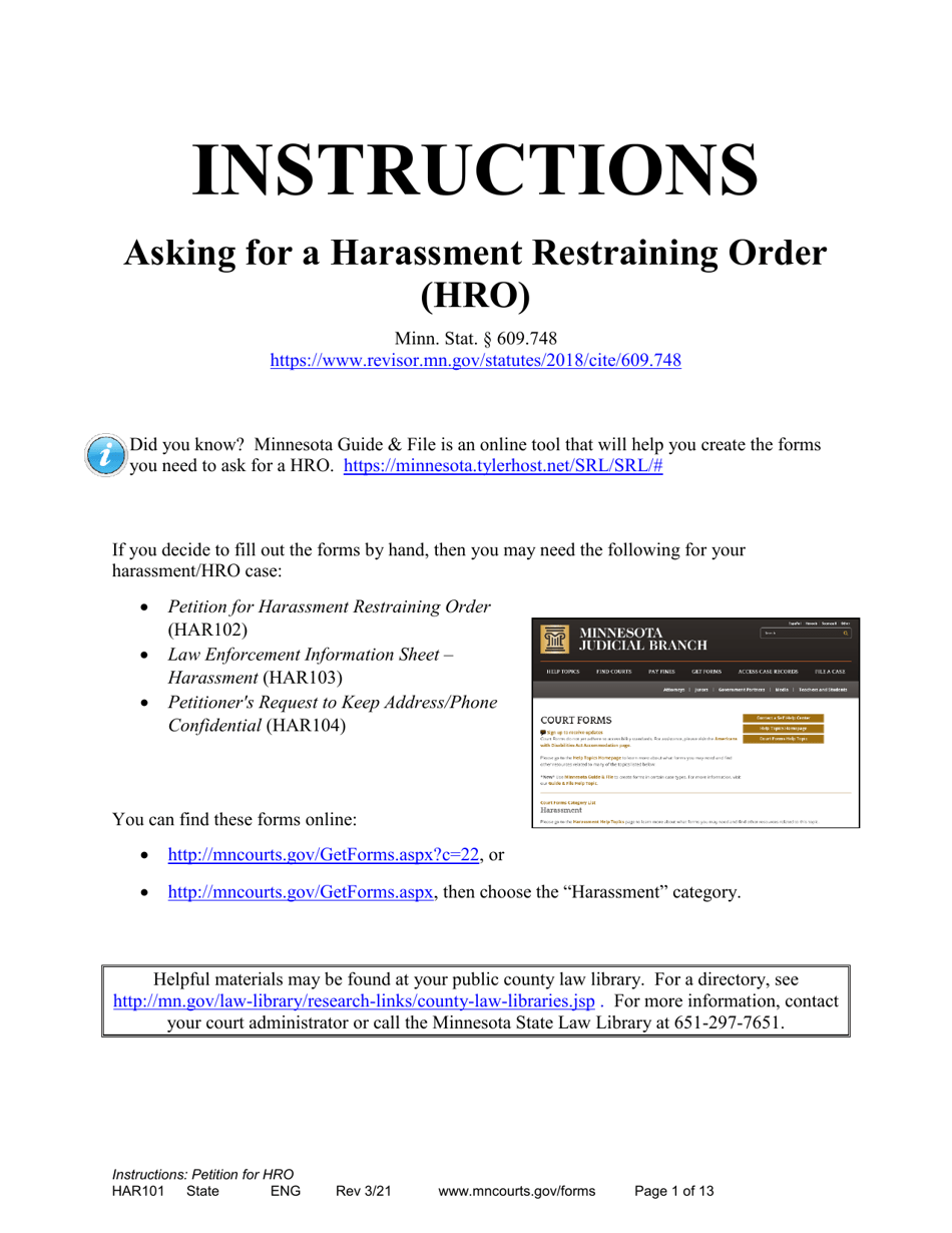 Instructions - Applying for a Harassment Restraining Order - Minnesota, Page 1