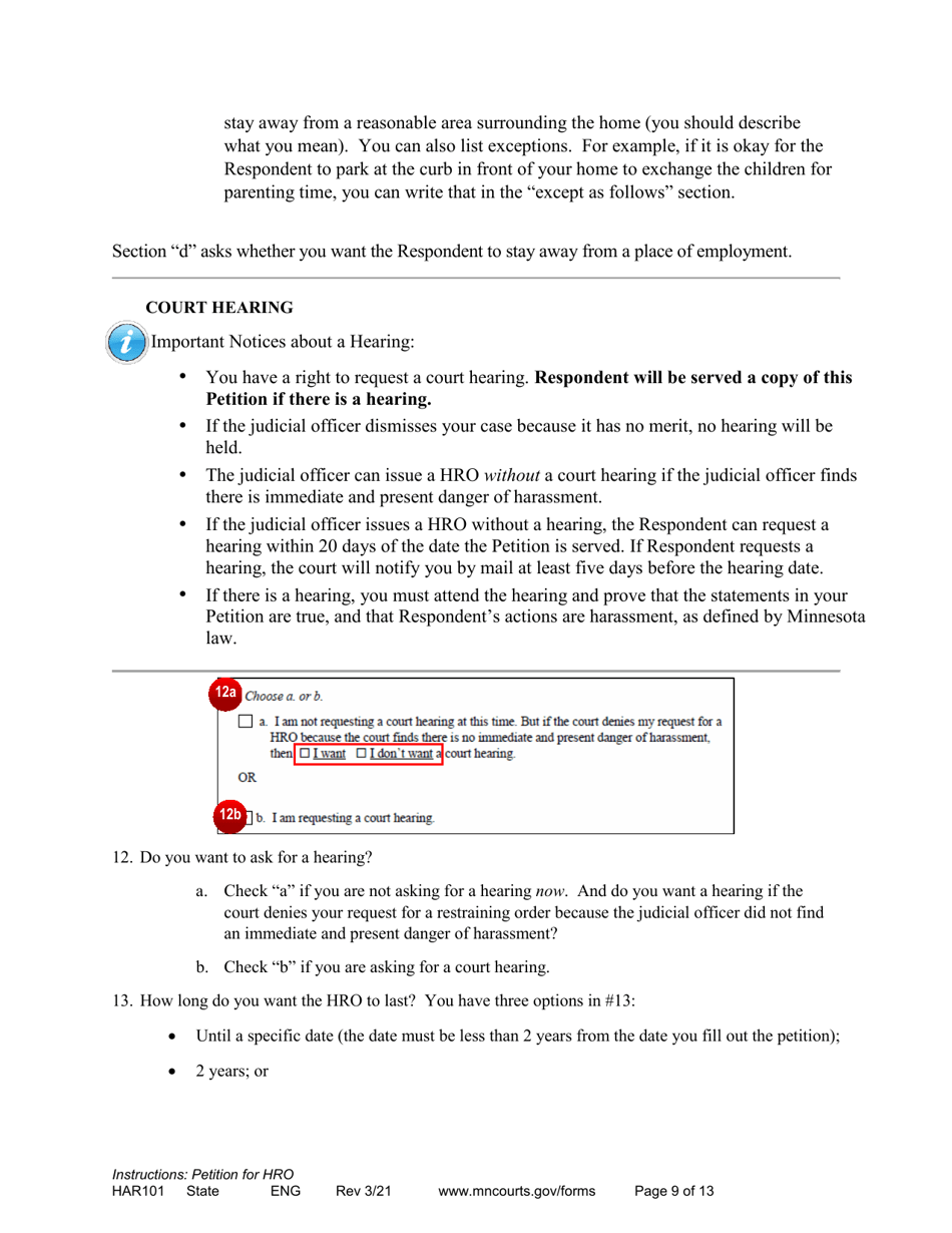 Instructions - Applying for a Harassment Restraining Order - Minnesota, Page 9