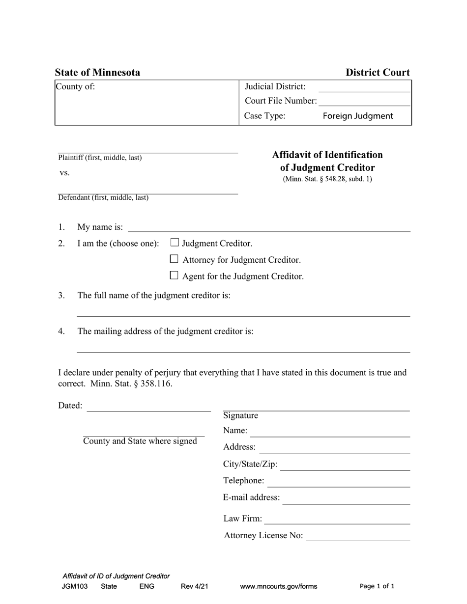 Form JGM103 Affidavit of Identification of Judgment Creditor - Minnesota, Page 1