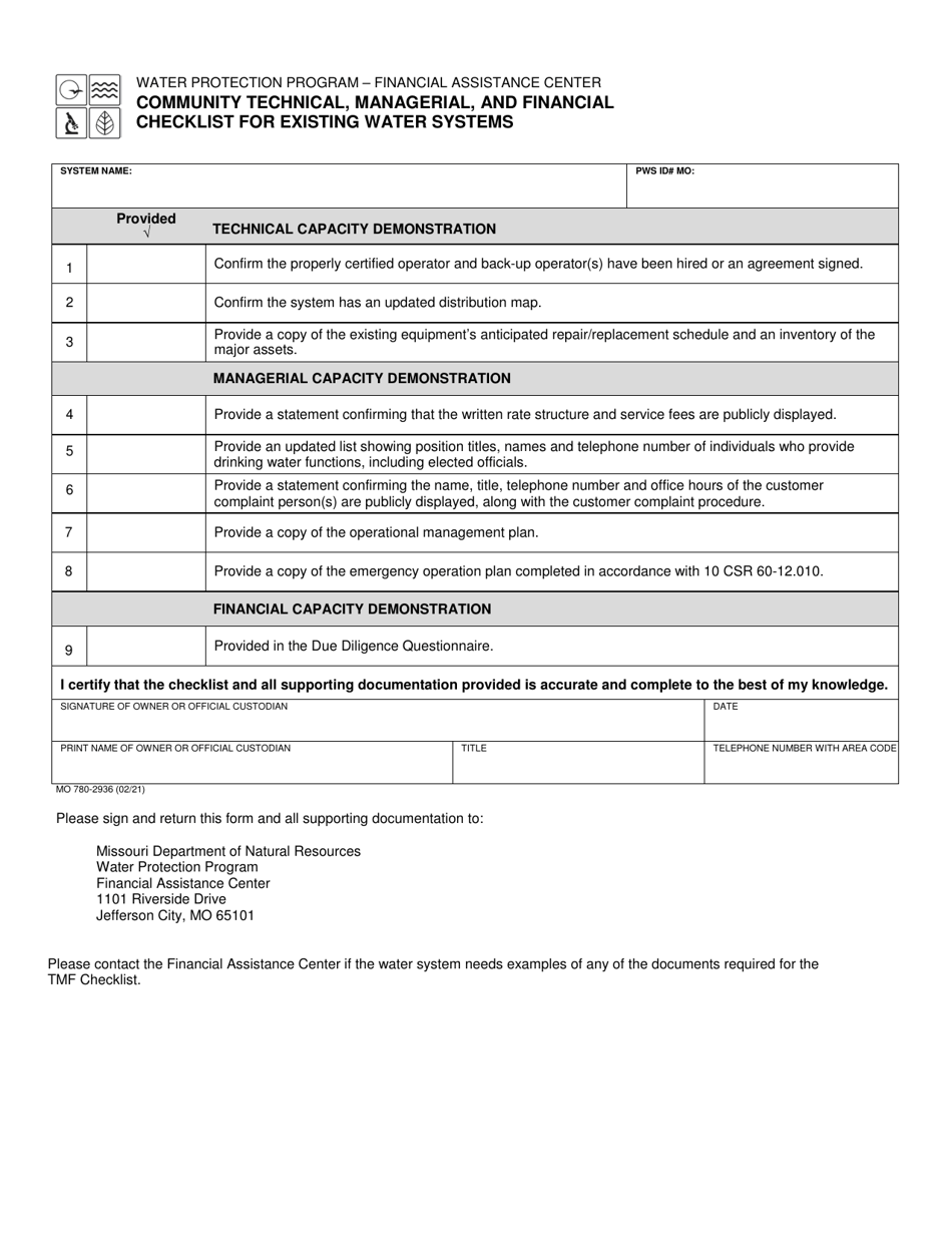 Form MO780-2936 Community Technical, Managerial, and Financial Checklist for Existing Water Systems - Missouri, Page 1