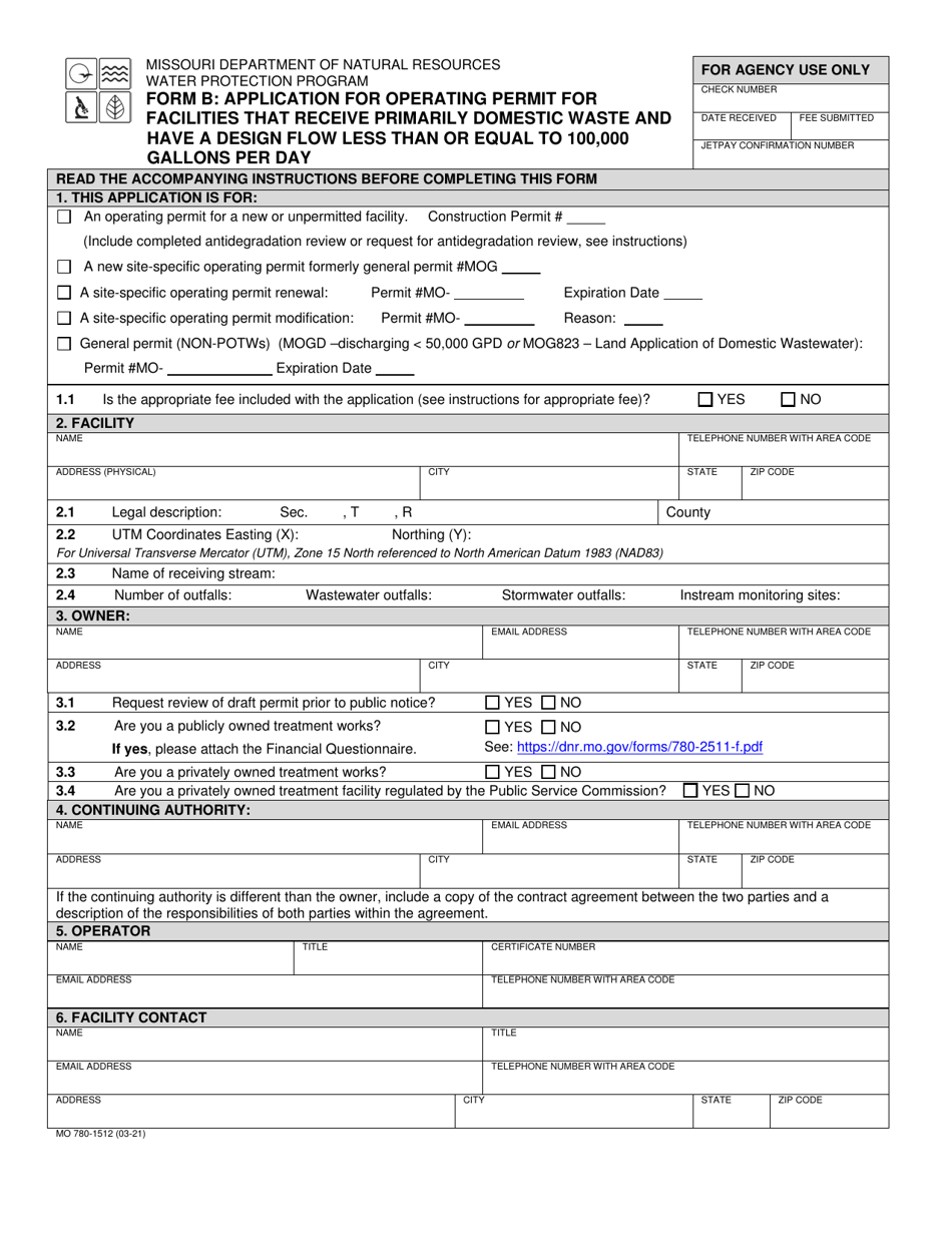 Form B (MO780-1512) Application for Operating Permit for Facilities That Receive Primarily Domestic Waste and Have a Design Flow Less Than or Equal to 100,000 Gallons Per Day - Missouri, Page 1
