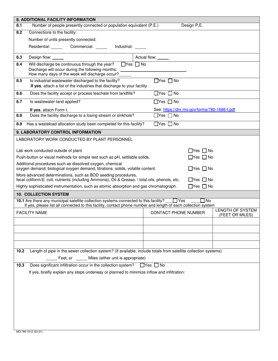 Form B (MO780-1512) Application for Operating Permit for Facilities That Receive Primarily Domestic Waste and Have a Design Flow Less Than or Equal to 100,000 Gallons Per Day - Missouri, Page 3