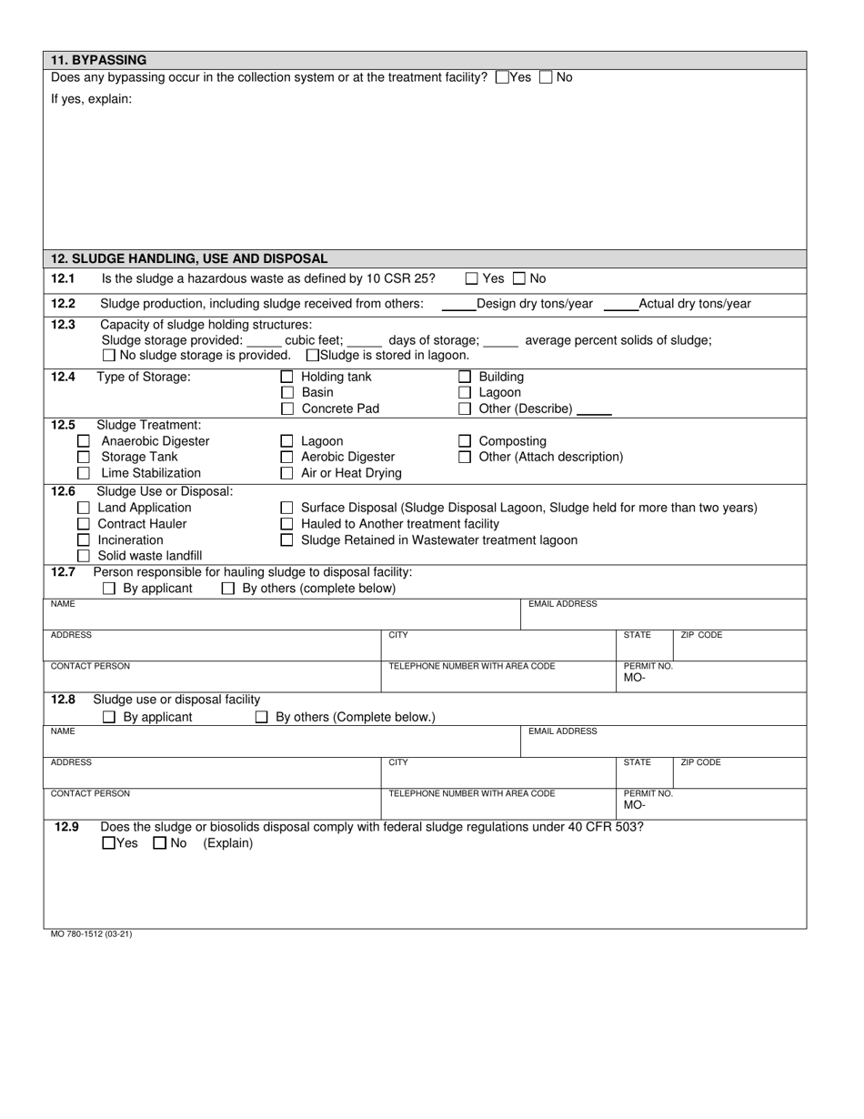 Form B (MO780-1512) Application for Operating Permit for Facilities That Receive Primarily Domestic Waste and Have a Design Flow Less Than or Equal to 100,000 Gallons Per Day - Missouri, Page 4
