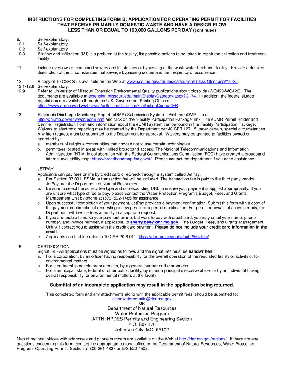 Form B (MO780-1512) Application for Operating Permit for Facilities That Receive Primarily Domestic Waste and Have a Design Flow Less Than or Equal to 100,000 Gallons Per Day - Missouri, Page 8