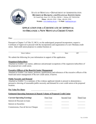 Document preview: Application for a Certificate of Approval to Organize a New Montana Credit Union - Montana