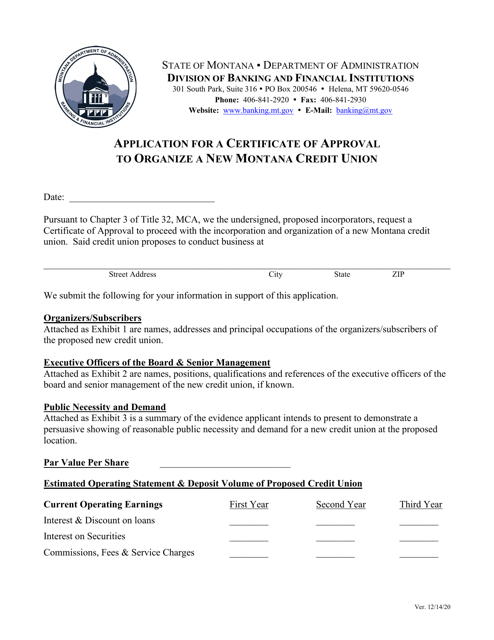 Application for a Certificate of Approval to Organize a New Montana Credit Union - Montana