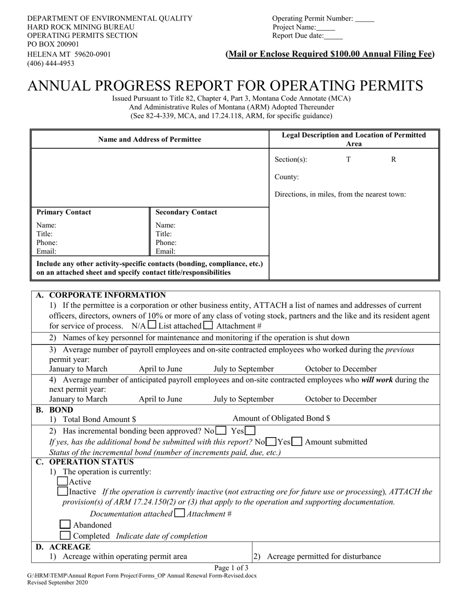 Annual Progress Report for Operating Permits - Montana, Page 1