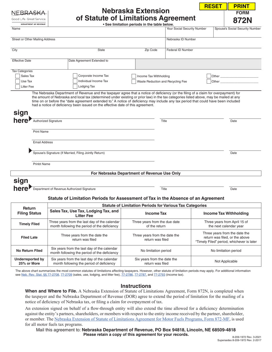 Form 872N Nebraska Extension of Statute of Limitations Agreement - Nebraska, Page 1