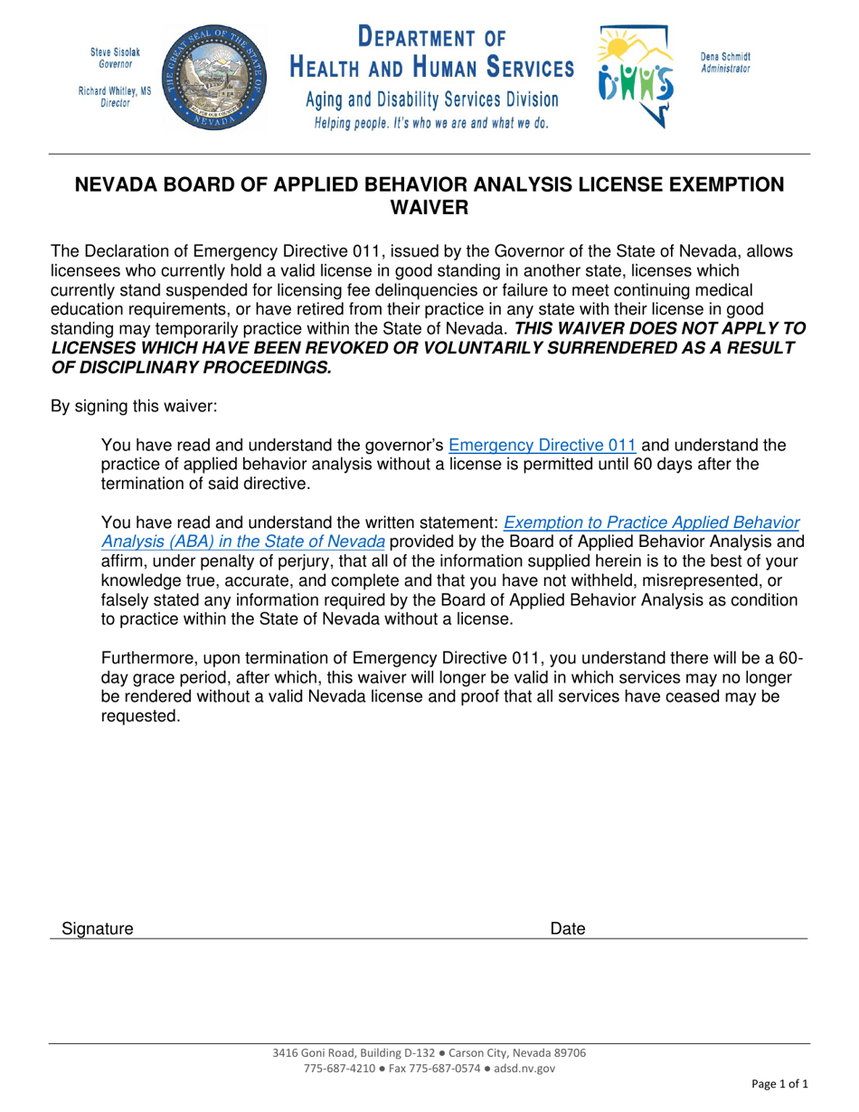 Nevada Board of Applied Behavior Analysis License Exemption Waiver - Nevada, Page 1