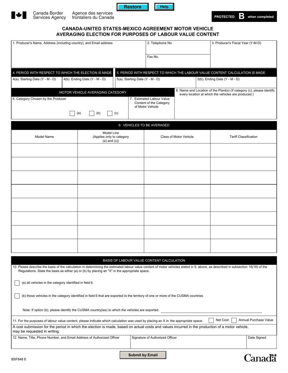 Form BSF848 Canada-United States-Mexico Agreement Motor Vehicle Averaging Election for Purposes of Labour Value Content - Canada, Page 3
