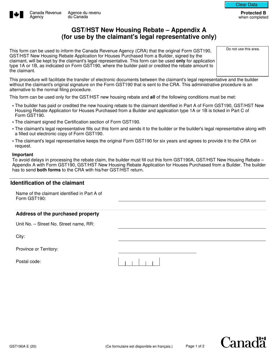 Form GST190A Appendix A Gst / Hst New Housing Rebate (For Use by the Claimants Legal Representative Only) - Canada, Page 1