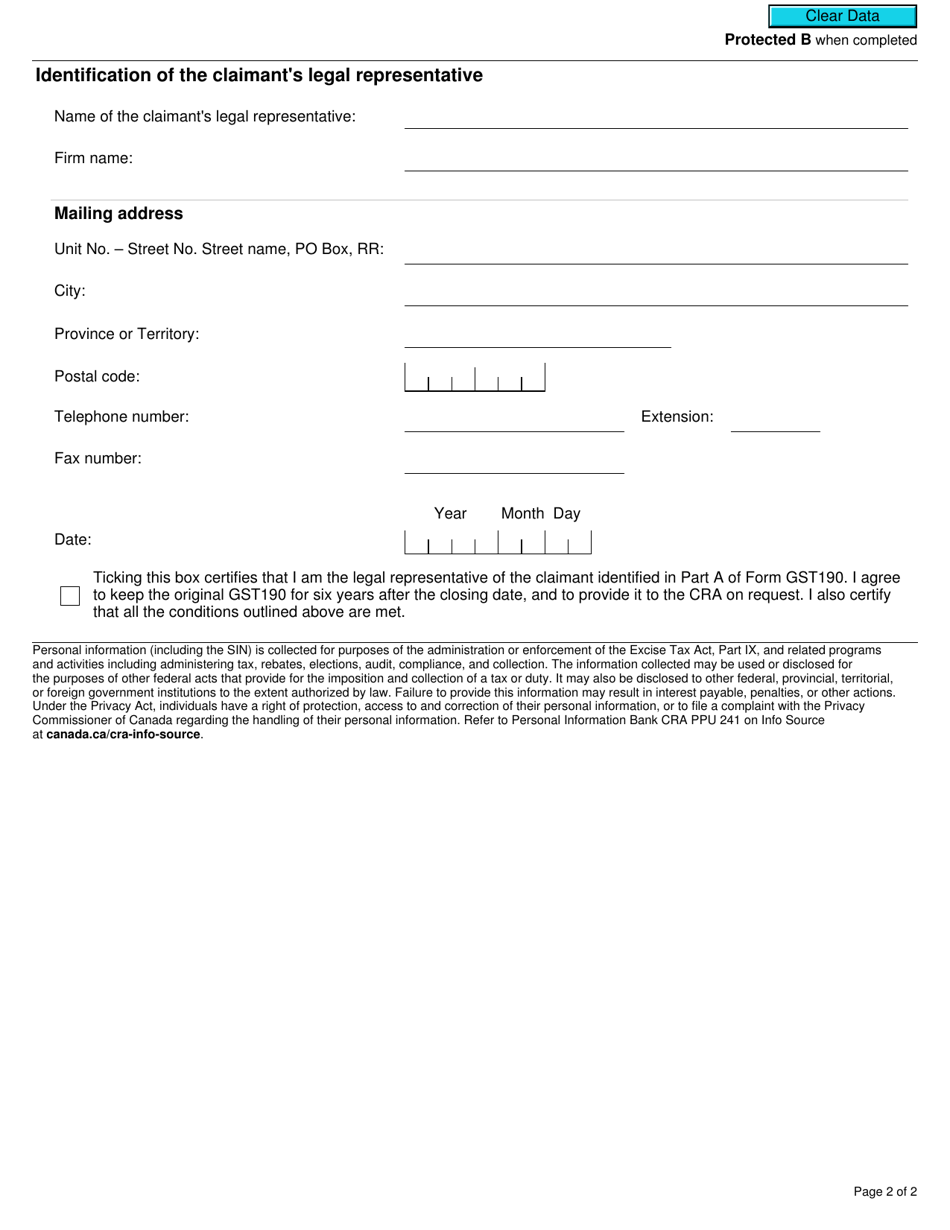 Form GST190A Appendix A Gst / Hst New Housing Rebate (For Use by the Claimants Legal Representative Only) - Canada, Page 2