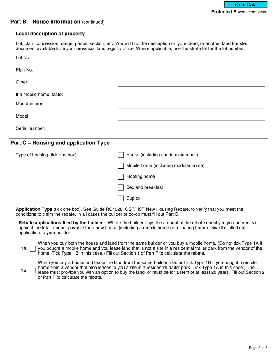 Form GST190 Gst / Hst New Housing Rebate Application for Houses Purchased From a Builder - Canada, Page 3