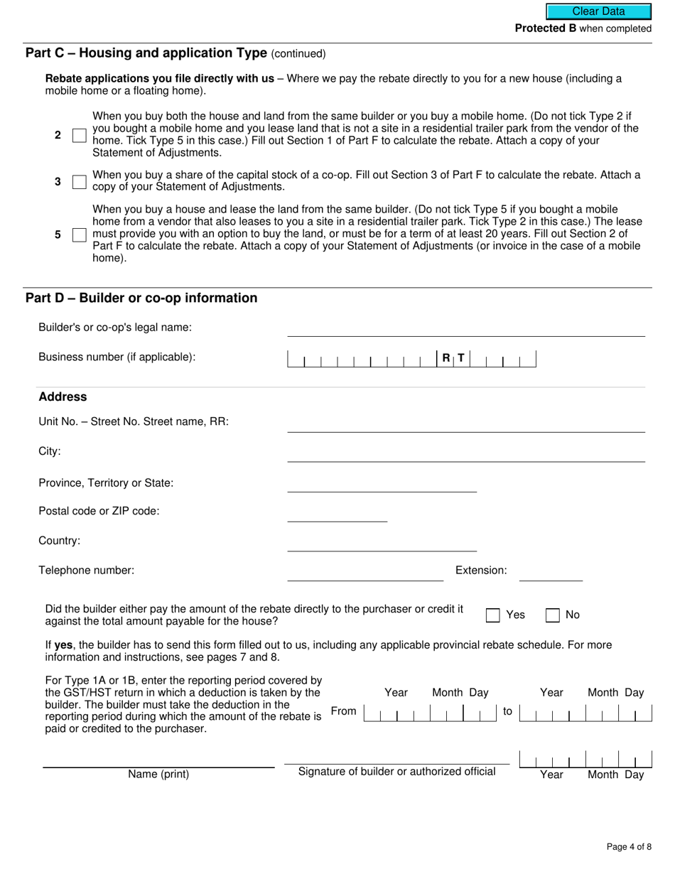 Form GST190 Gst / Hst New Housing Rebate Application for Houses Purchased From a Builder - Canada, Page 4