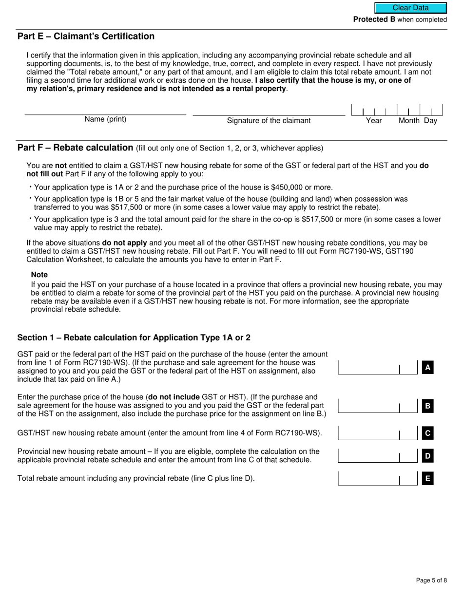 Form GST190 Gst / Hst New Housing Rebate Application for Houses Purchased From a Builder - Canada, Page 5